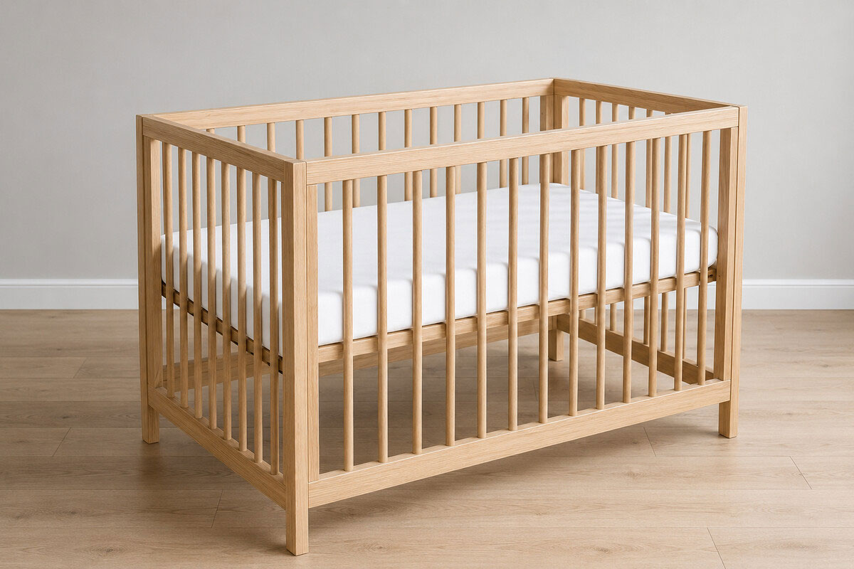 Current fixed-side crib with stationary rails and an adjustable mattress support shown in a clean empty room