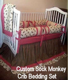Custom sock monkey baby crib bedding set for a baby boy or girl nursery room
