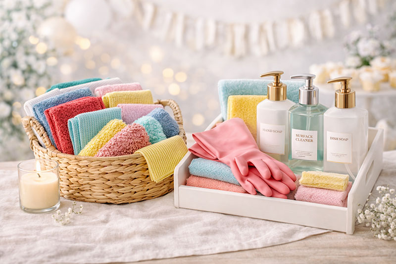 Cute diaper raffle prize display with practical gifts arranged in a reusable tray at a baby shower