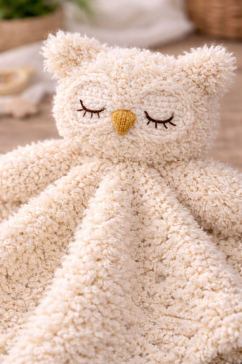 Close-up of a fuzzy yarn crochet owl baby lovey with embroidered eyes showing soft plush texture and baby-safe details