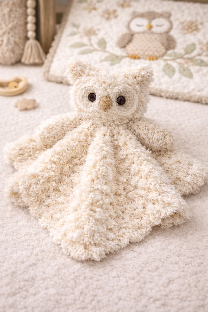 Cute handmade owl baby lovey crochet pattern with soft neutral yarns and woodland style details