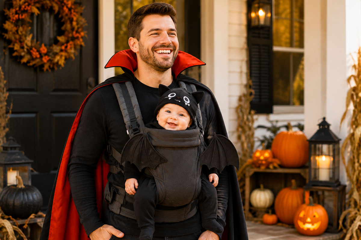 Father dressed as a vampire carrying a baby dressed as a little bat in a black front baby carrier on a decorated Halloween porch