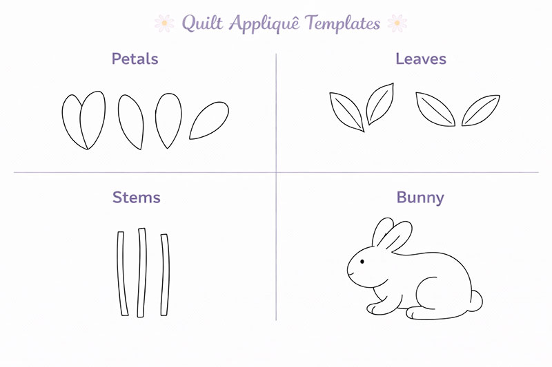 Line drawing quilt applique templates for the daisy crib quilt showing separate petals, leaves, stems, and bunny pieces