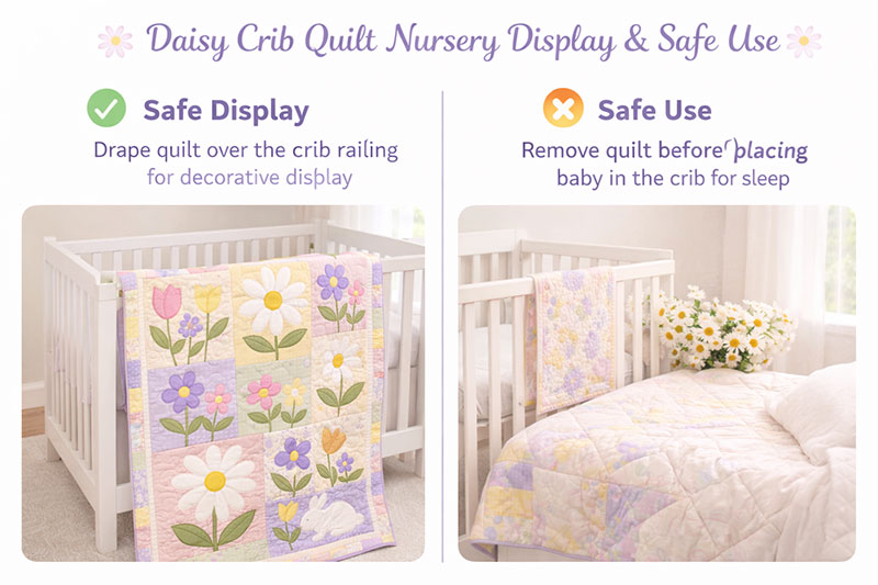 daisy crib quilt displayed outside the crib for nursery decor