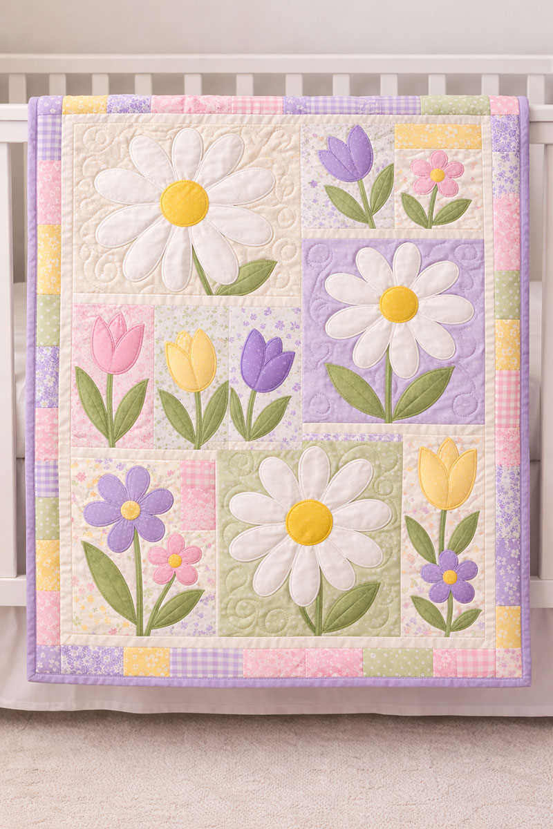 Daisy crib quilt pattern in soft spring colors with floral patchwork for a baby nursery