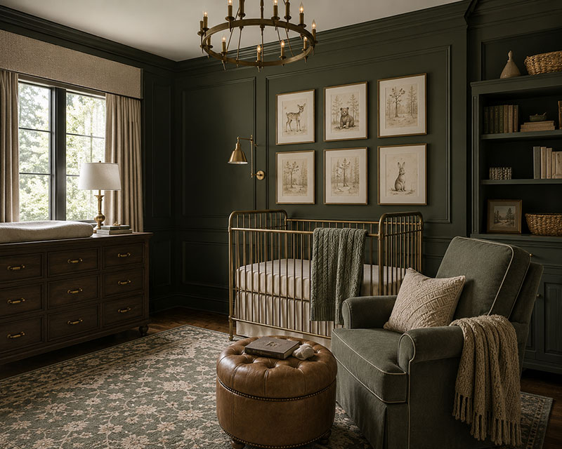 Dark sage green nursery walls with white crib, brass lighting and polished nursery decor