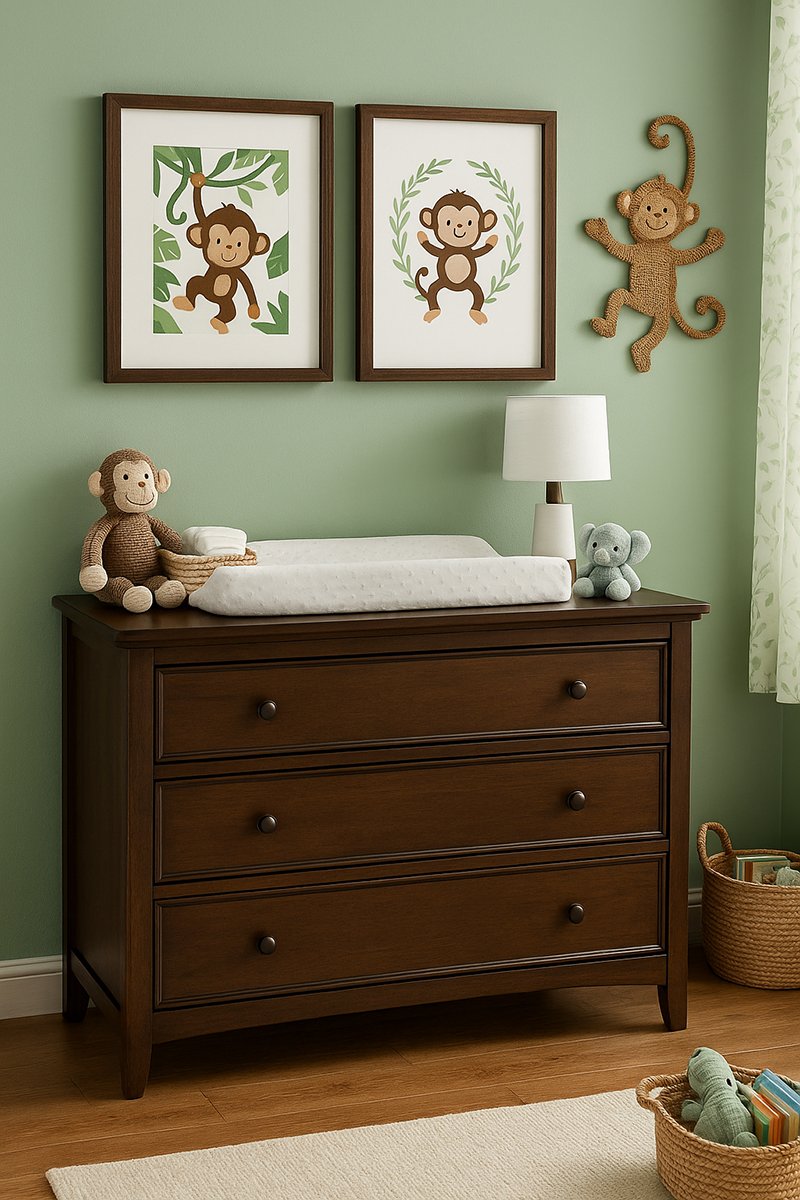 Sage green monkey safari theme nursery with walnut dresser and simple changing setup table