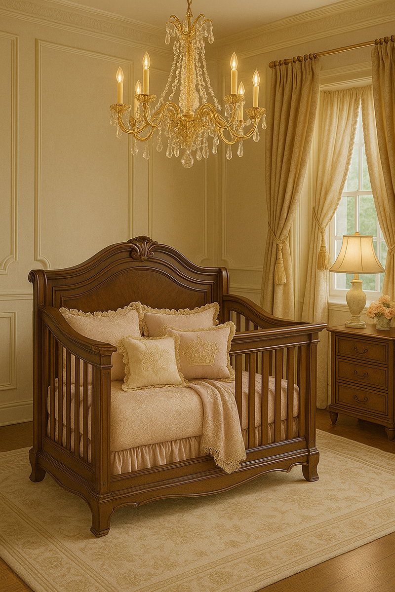 Dark wood princess crib dressed with blush bedding and embroidered pillows in an elegant nursery