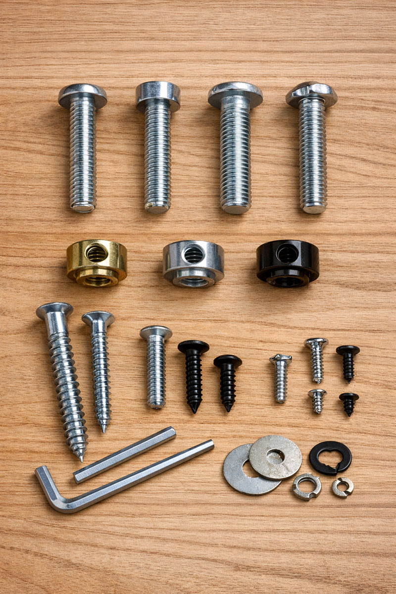 Common crib hardware fastener types including bolts, screws, and barrel nuts shown for reference