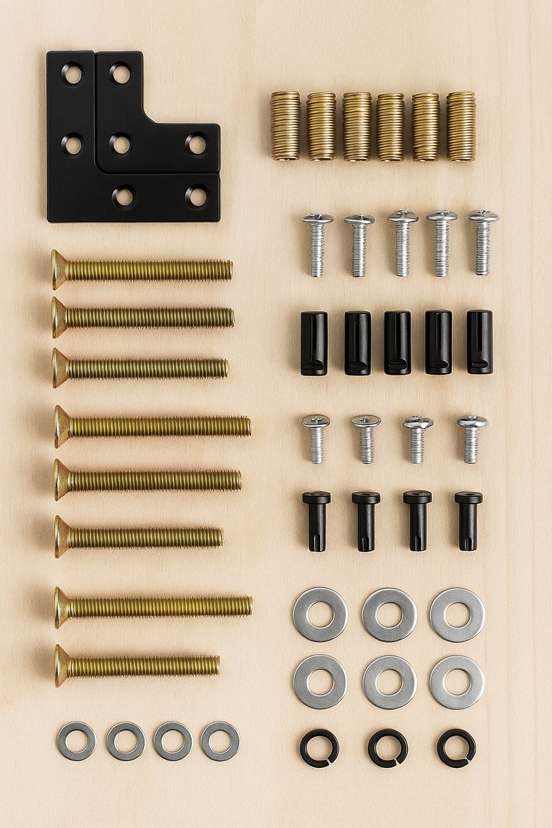 DaVinci crib hardware replacement kit with bolts, screws, washers and brackets neatly arranged