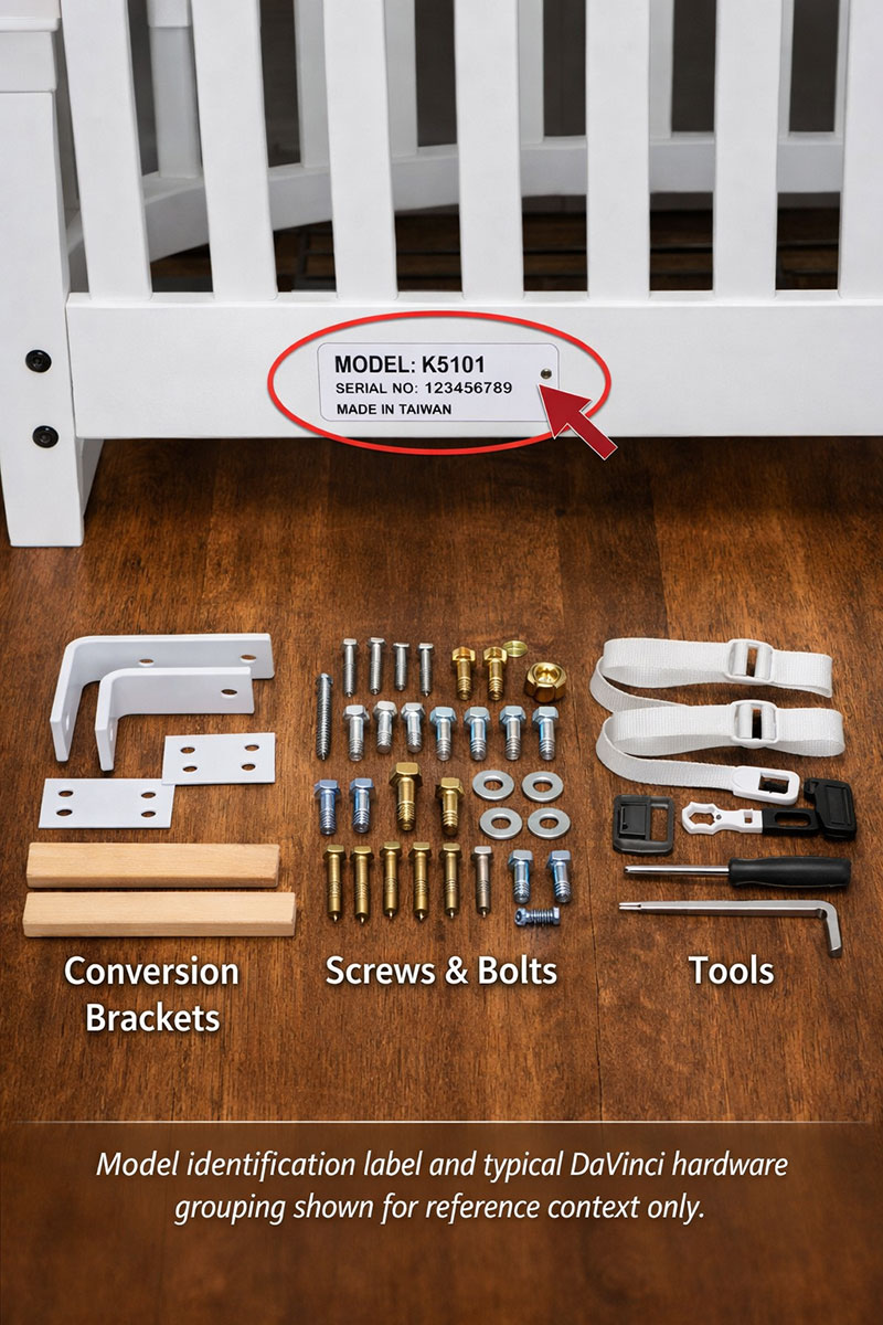 DaVinci crib frame with model label and grouped hardware components shown for identification reference