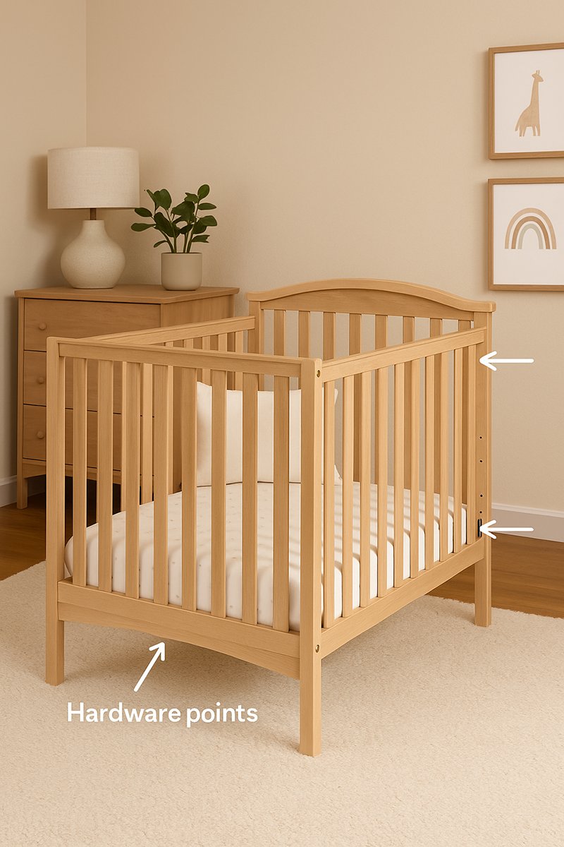 DaVinci baby crib in a modern neutral nursery showing hardware points and rail connections