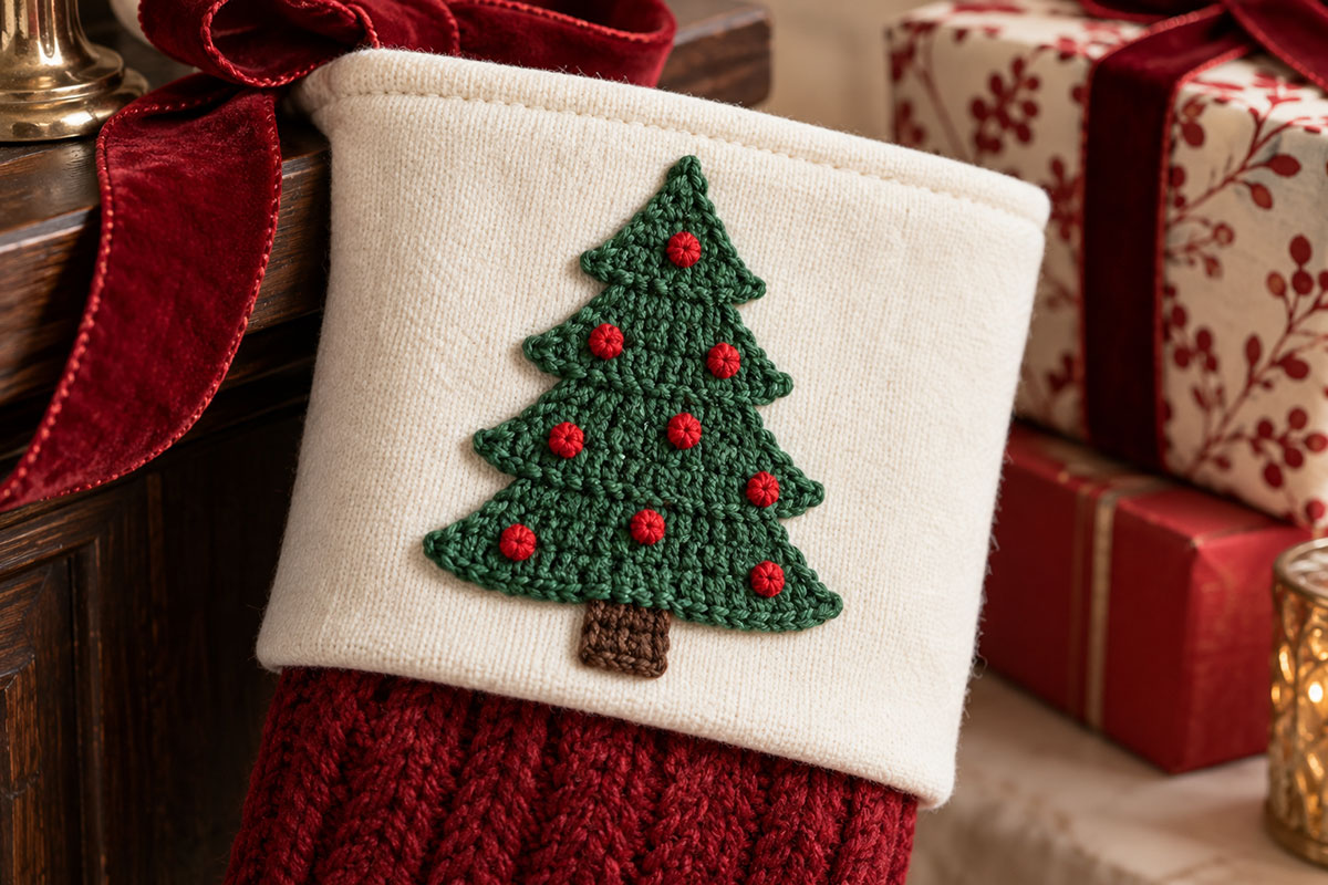 Finished crochet Christmas tree applique with nine small red embroidered ornaments and a brown trunk