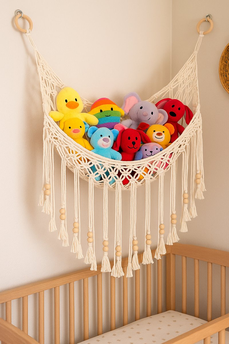 Close-up of a macrame toy hammock with long fringes, wooden beads, and colorful plush toys hanging near a baby crib in a cozy nursery