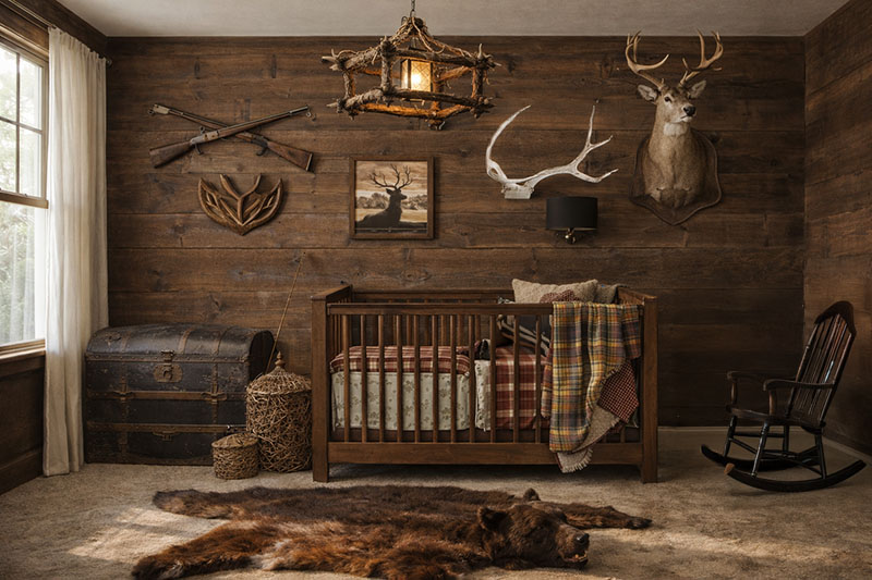 Spray painted deer antlers on a rustic nursery wall decorated for a baby boy