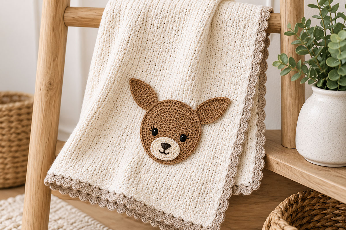 Crochet deer appliqué used as a small handmade decorative detail in a woodland deer nursery
