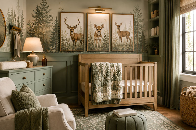 deer wall art in sage green woodland nursery