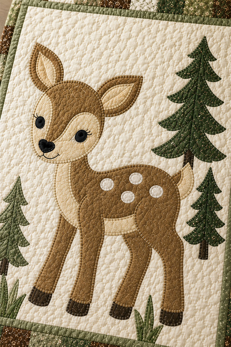 Close view of completed deer baby quilt showing quilting and appliqué details