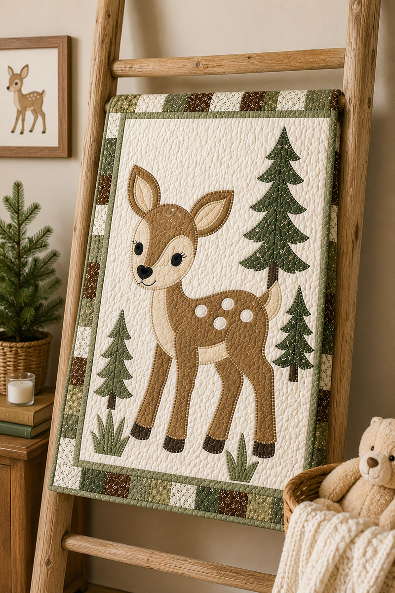 Finished deer baby quilt displayed on a quilt ladder in a woodland nursery