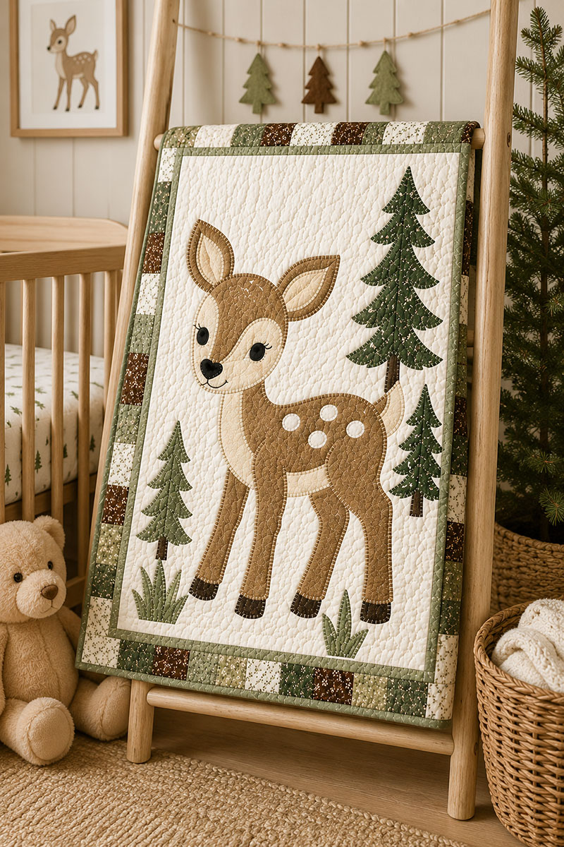 Finished deer baby quilt displayed in a woodland themed nursery