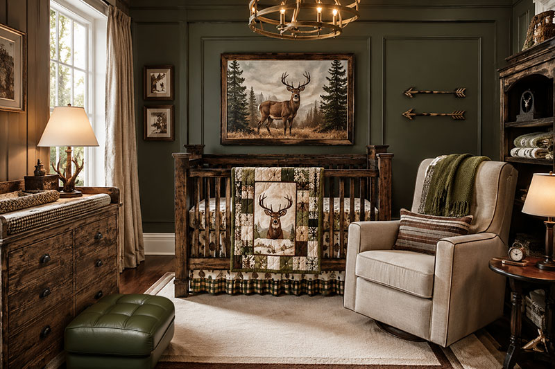 Rustic baby deer bedding in a luxury woodland nursery with forest green walls, dark wood crib, deer quilt, and natural daylight