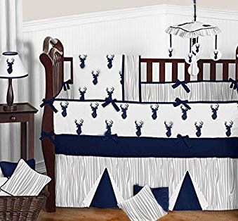 Whitetail deer white tail deer forest hunting theme baby nursery crib bedding nursery set blue black white