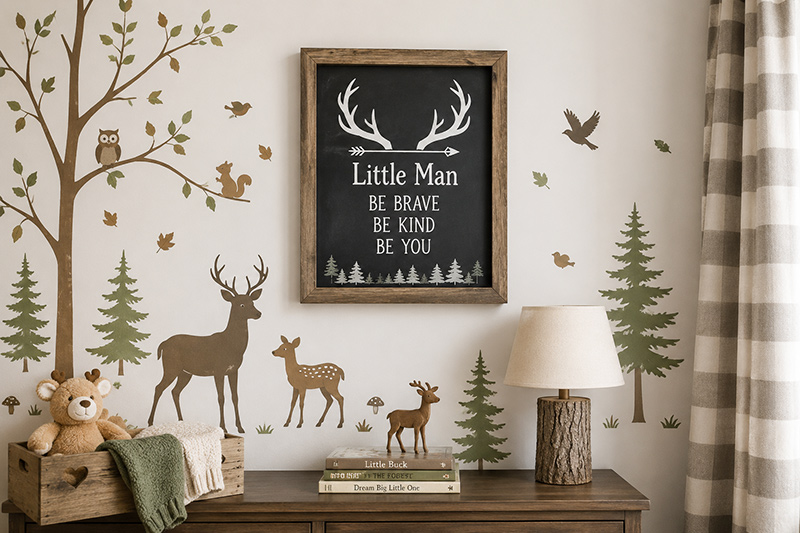 Deer wall decals and chalkboard-style antler quote art for a woodland baby nursery wall