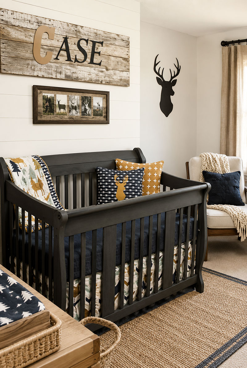 Baby boy deer nursery with navy blue, gold, and brown hunting theme decor