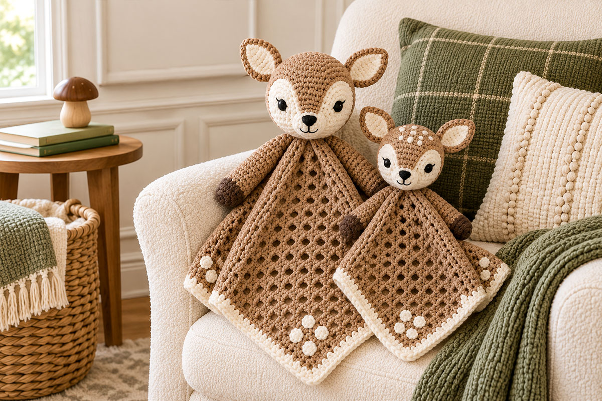 Handmade crochet deer loveys arranged as coordinating woodland nursery projects in brown, cream and green