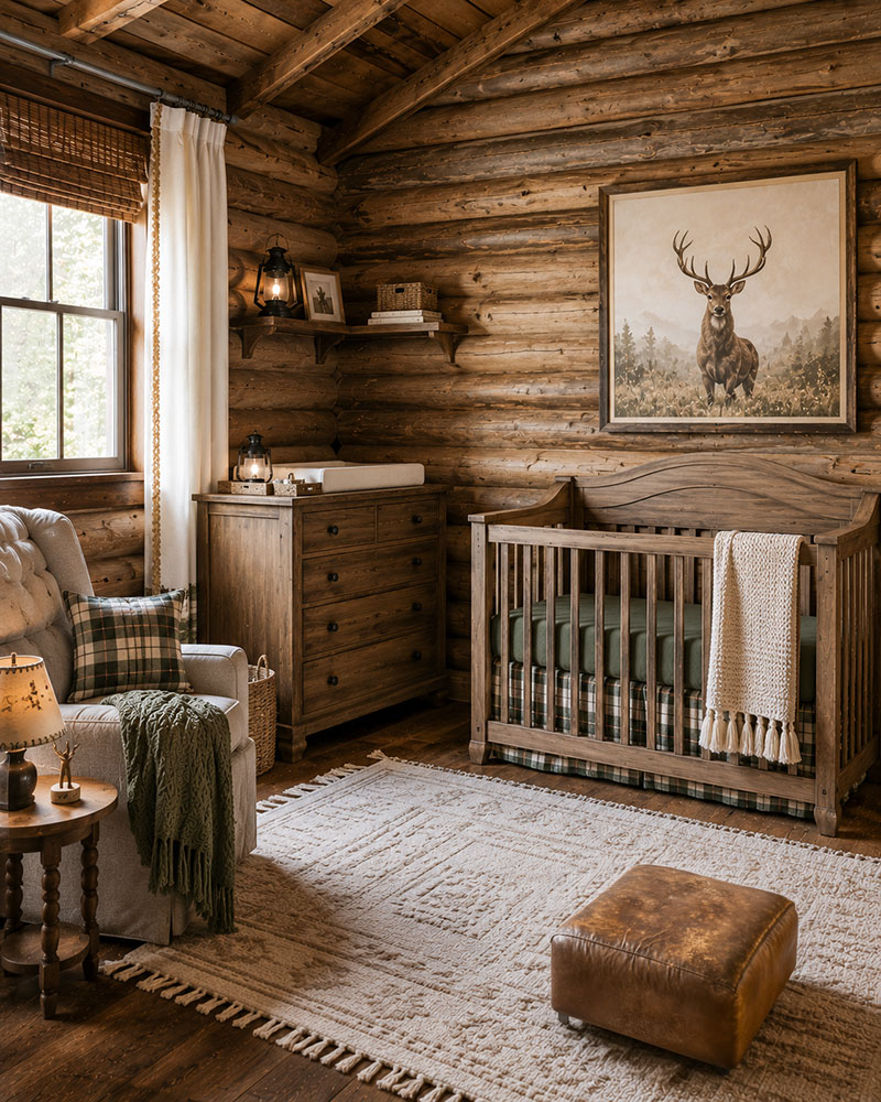 modern deer nursery decor with crib bedding framed wall art and natural wood furniture