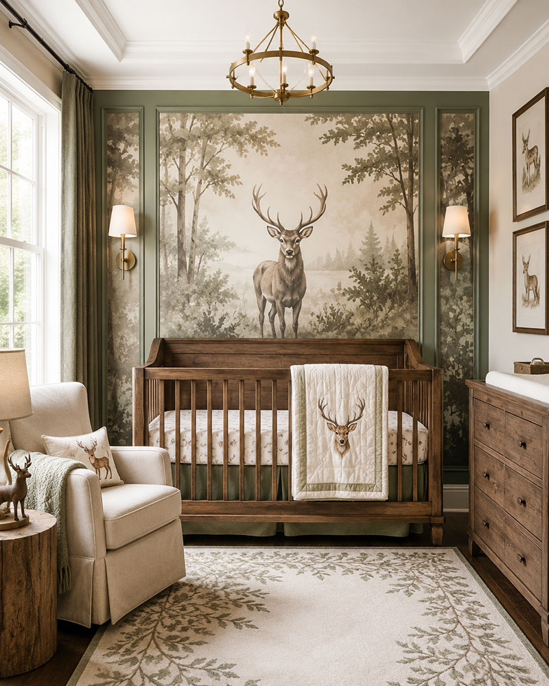 deer nursery ideas with crib dresser and framed deer wall art