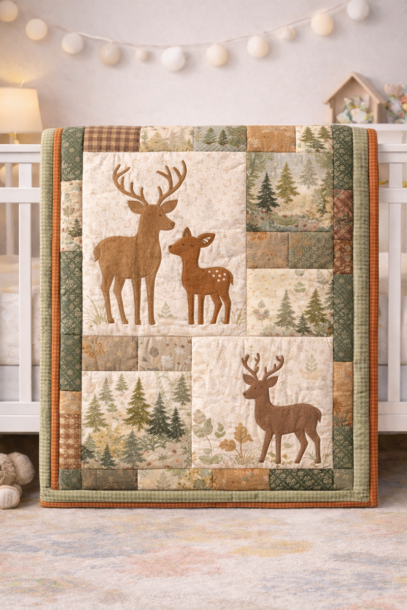 Baby crib quilt featuring deer silhouette appliqué blocks in soft woodland-inspired neutral colors