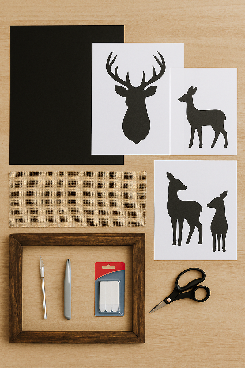 Supplies laid out for the DIY deer silhouette trio nursery wall art project including templates, cardstock, burlap, frame and tools