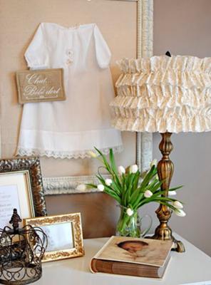 Framed Antique Linen Baby Dress, Ruffled Nursery Lamp Shade Made to Match the Damask Crib Set