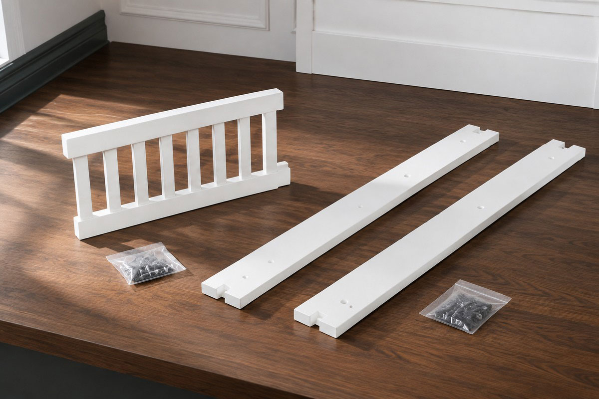 Toddler guardrail and full-size bed conversion rails shown as two different Delta crib conversion kit types