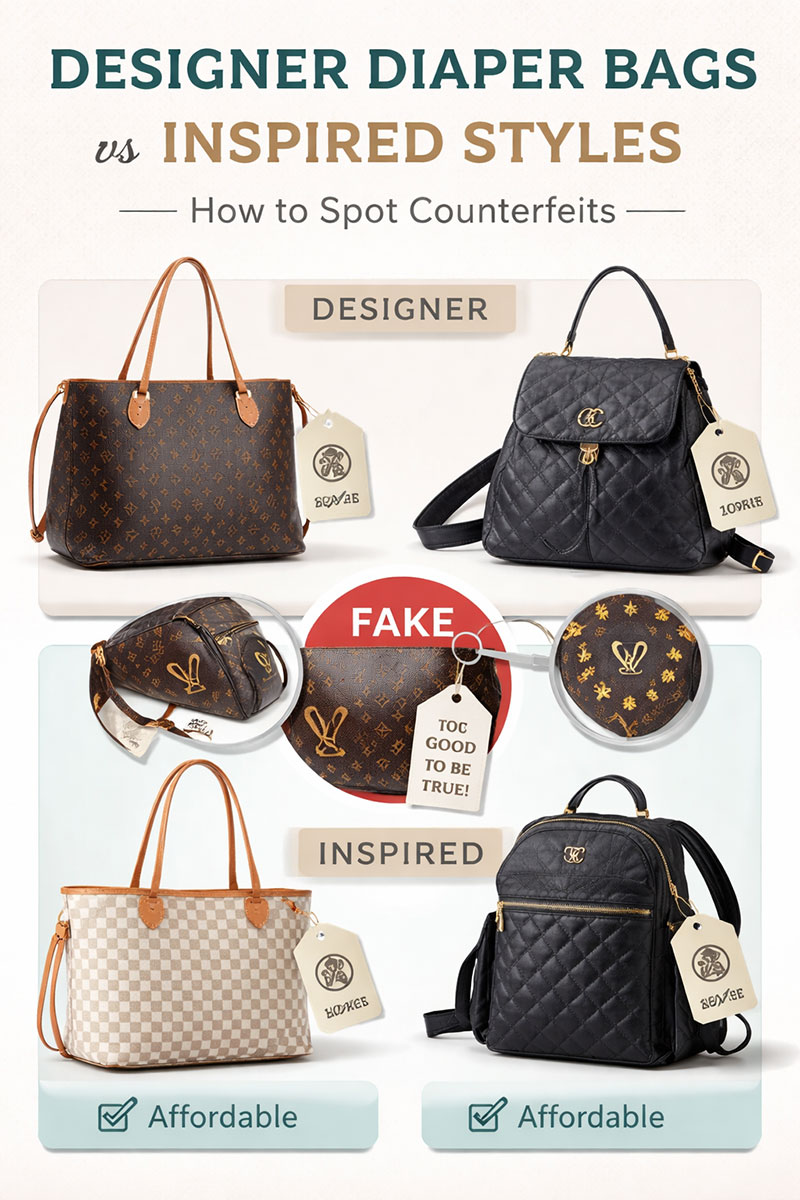 Designer diaper bags and inspired styles shown side by side for educational reference