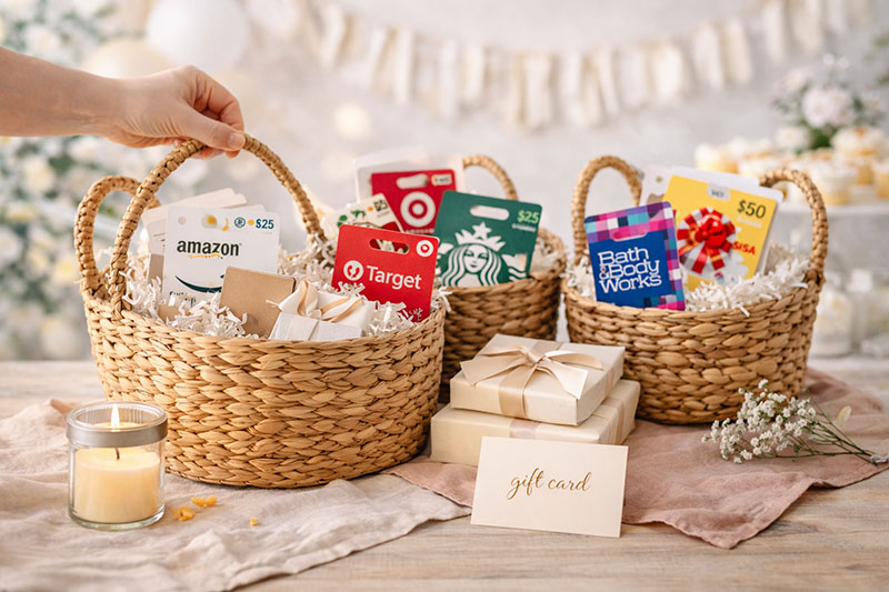 Diaper raffle prize basket with gift card snacks and practical gifts arranged on a baby shower table