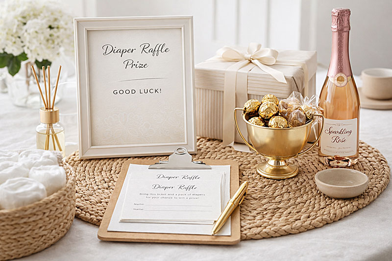 Baby shower raffle prize displayed on table next to ticket entry setup