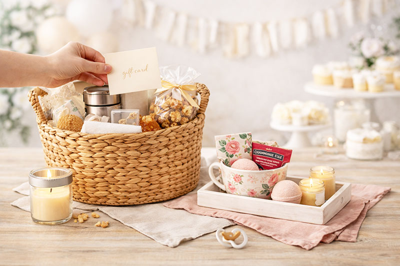 Baby shower diaper raffle prize display with thoughtful gifts arranged on a table