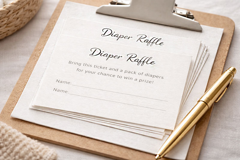 Printable diaper raffle tickets laid out on a baby shower table ready for guests