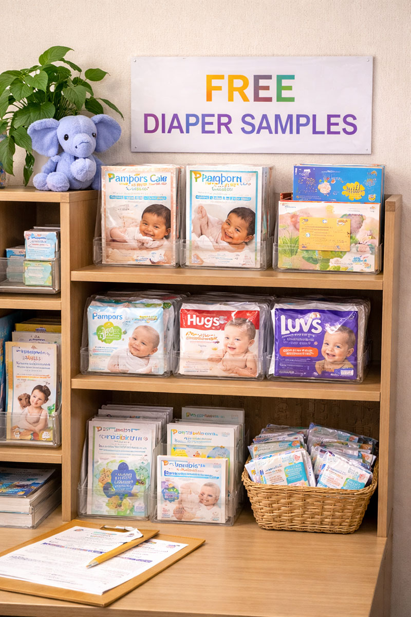 Small clinic resource shelf with newborn care pamphlets and a few diaper sample packs