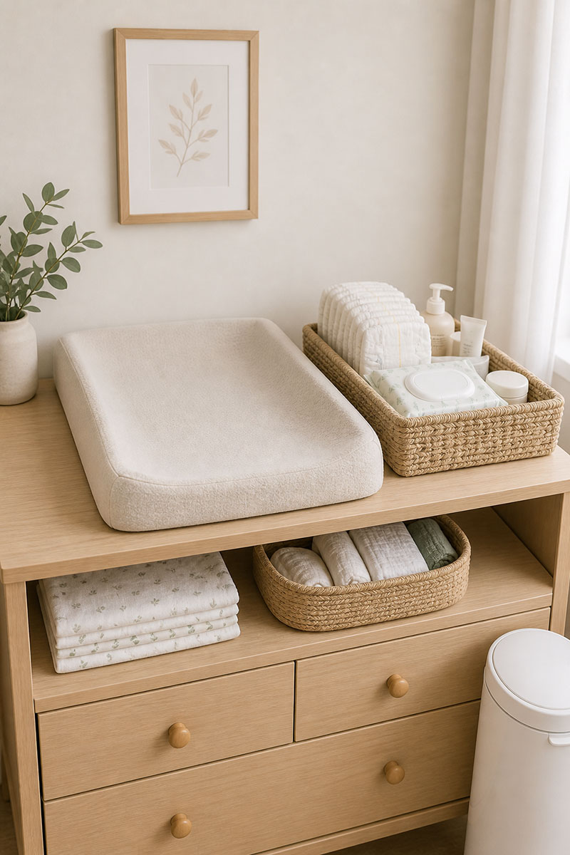 Minimal diapering setup with diapers wipes and changing pad organized neatly