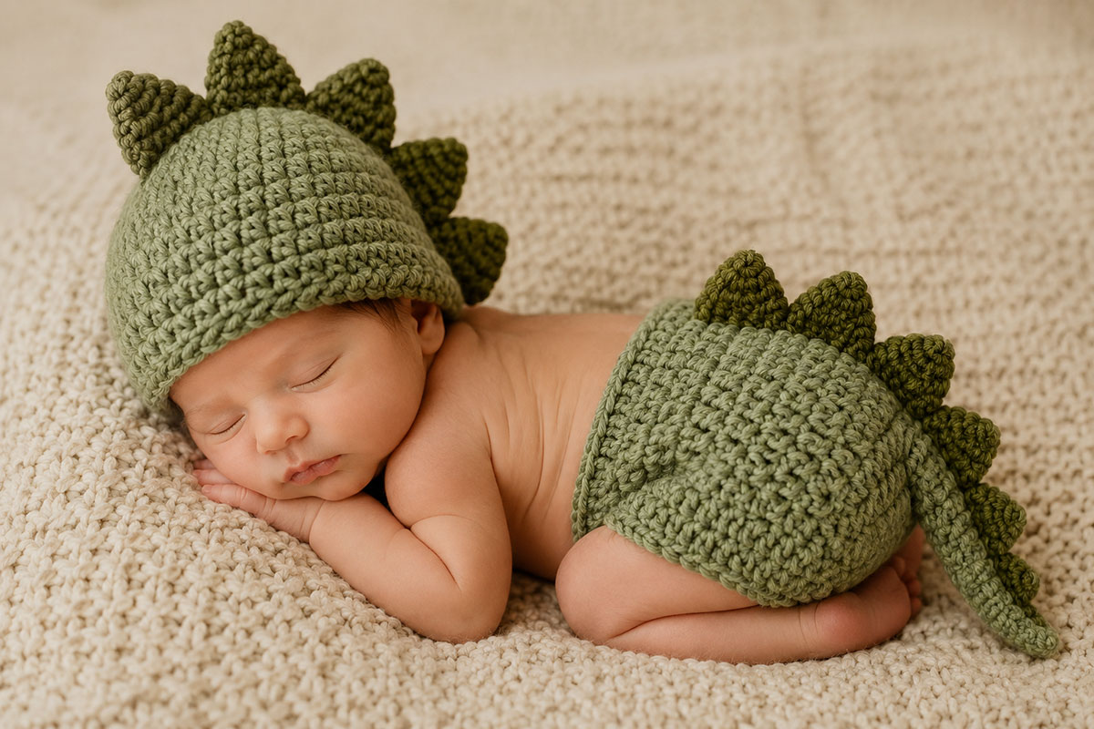 Homemade handmade knit baby dinosaur costume photo prop with hat and diaper cover pants