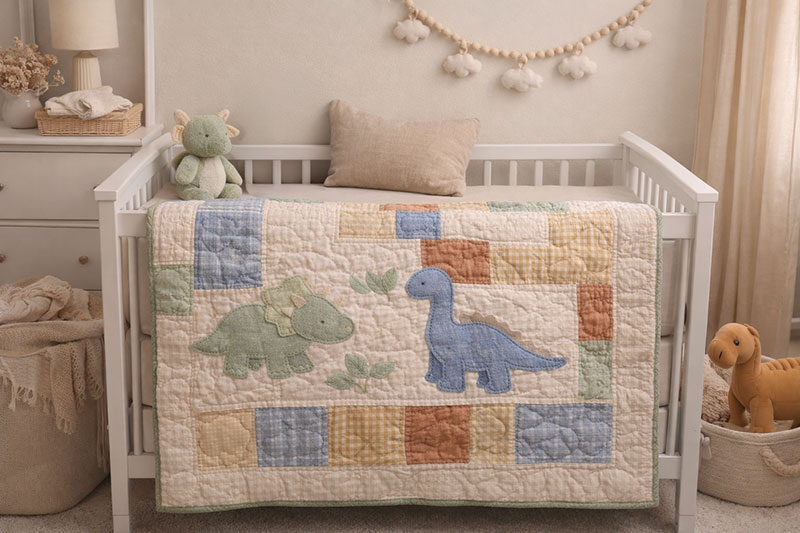 Modern neutral nursery with light oak crib and dinosaur crib quilt pattern folded over the rail