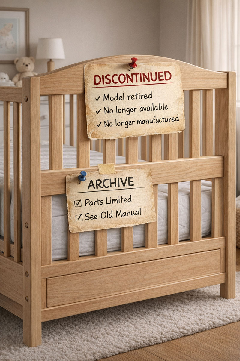 Notebook-style archive notes for discontinued baby crib models and brand lines