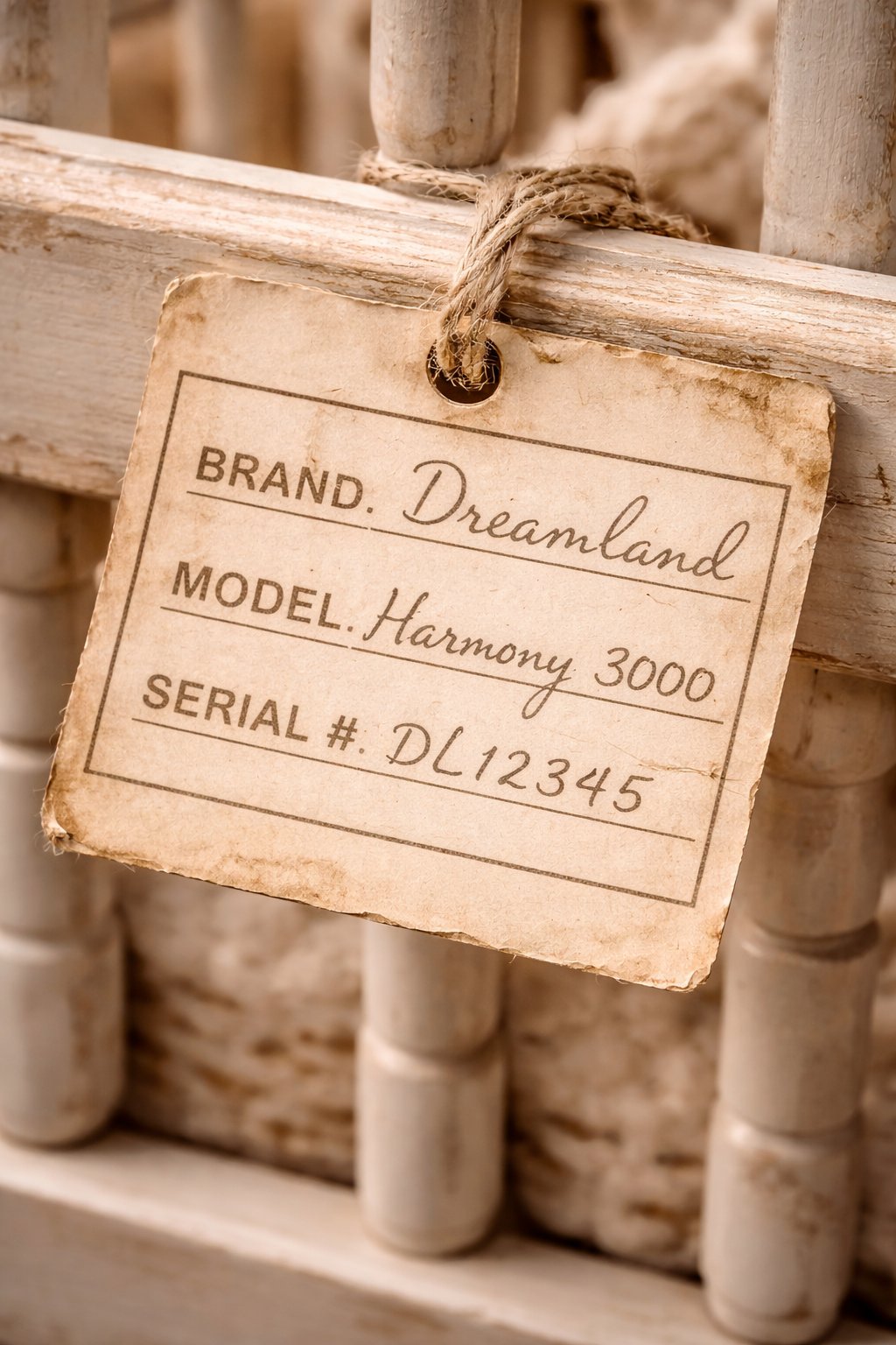 Closeup of a worn crib model tag used for identification reference