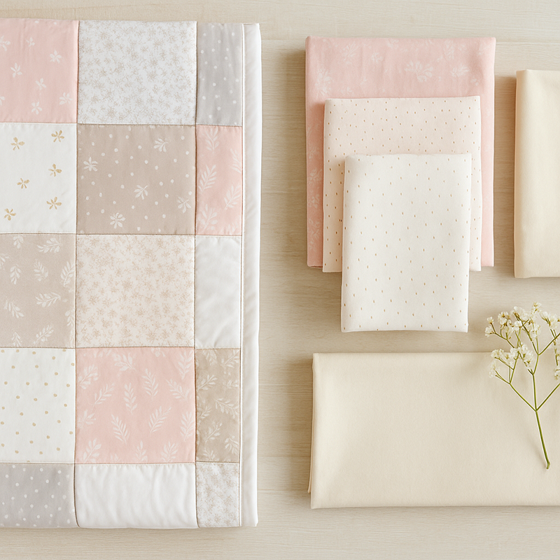 DIY baby bedding project with fabric swatches, scissors, and a hand-stitched quilt on a nursery worktable