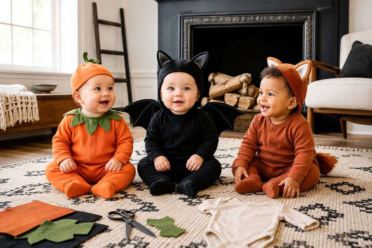 Easy DIY baby Halloween costume ideas using simple baby clothes for pumpkin, black cat and woodland fox costumes