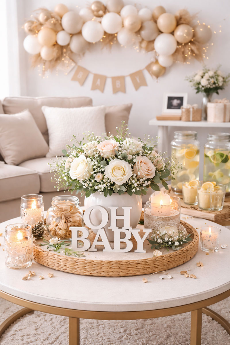 Baby shower centerpiece on a tabletop with simple food styling and soft neutral party decor