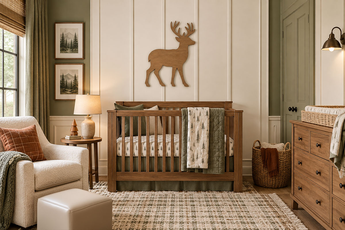 DIY wooden buck deer wall sign displayed above a crib in a woodland nursery